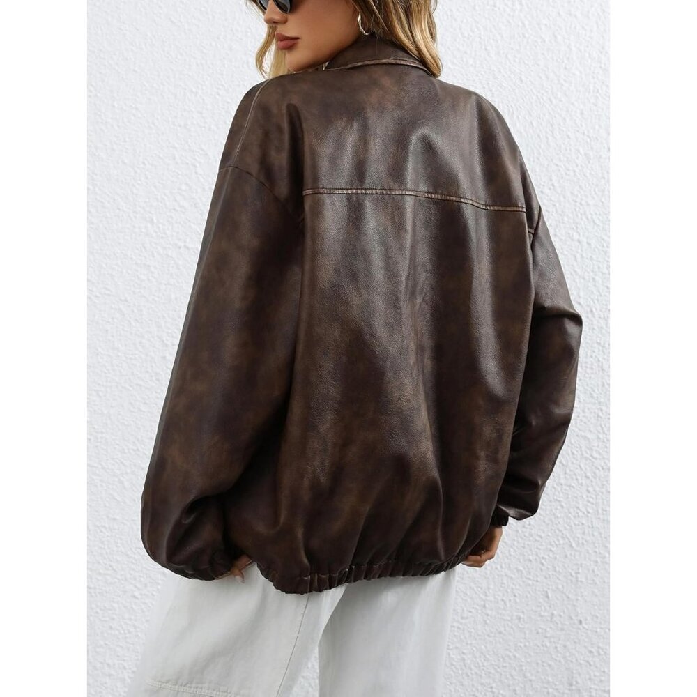 Women's Brown 2 Faux Leather Lapel Collar Zip Up Long Sleeve Short Coat Jacket - Picture 7 of 7